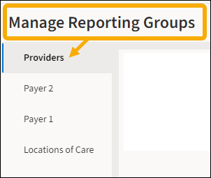 Manage Reporting Groups menu with yellow highlight box around it and with yellow arrow pointing to Providers.